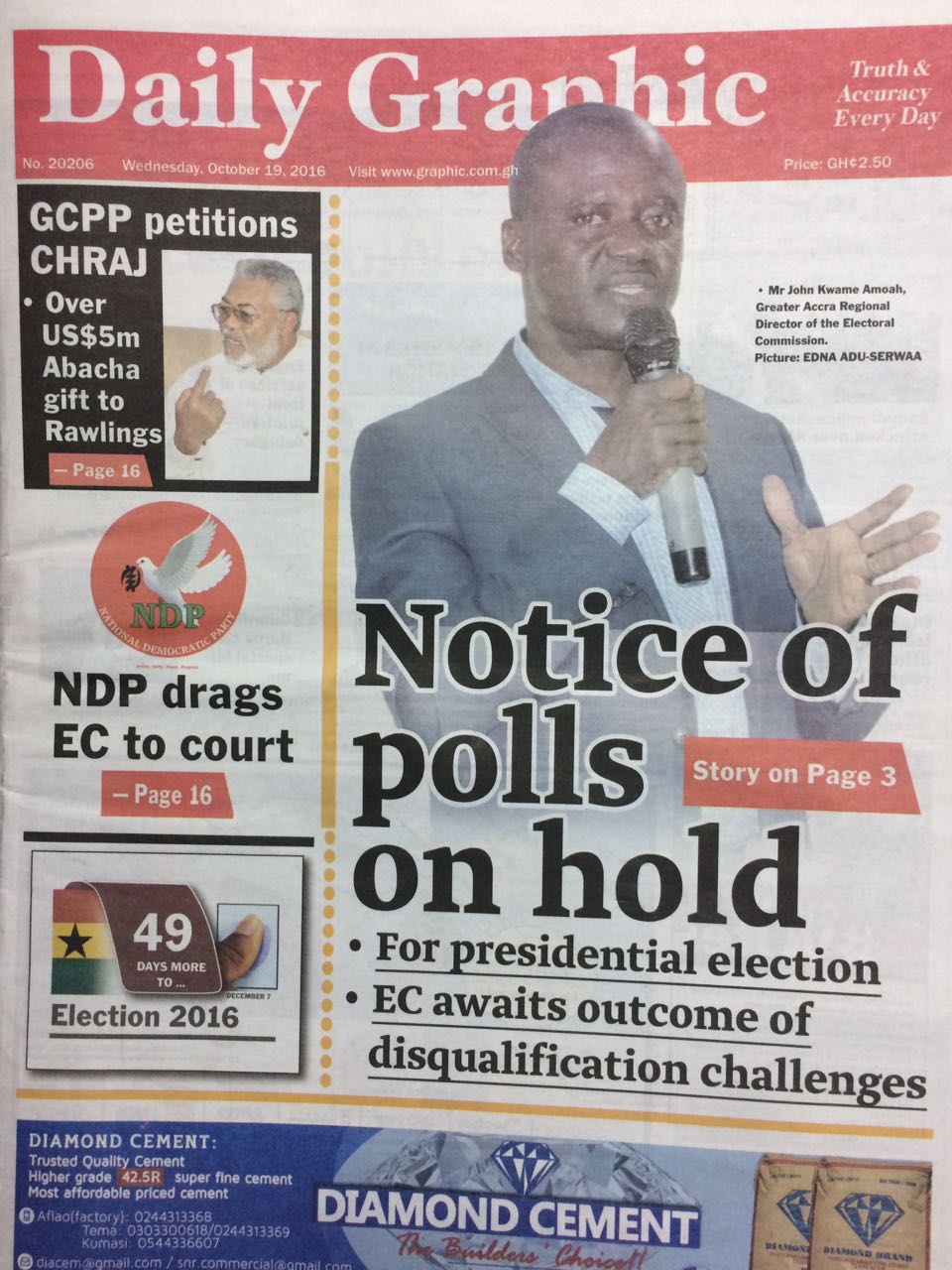 Newspaper Headlines: Wednesday, 19th October, 2016