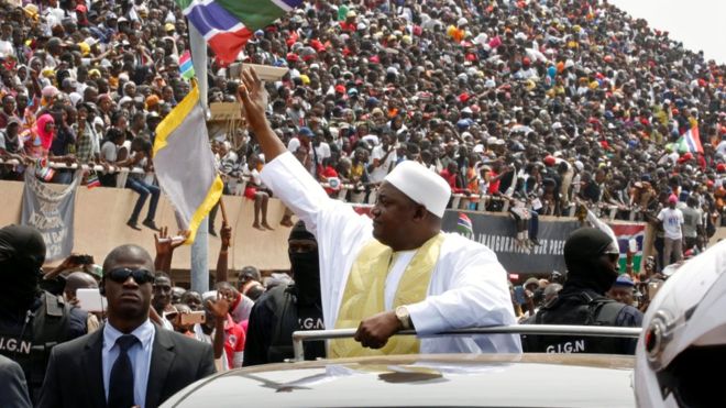Gambian leader sworn in at packed stadium