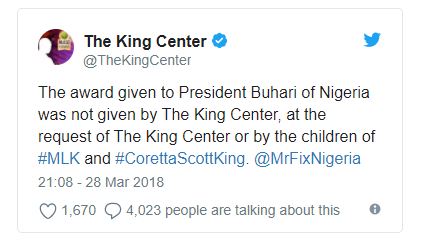 Martin-Luther King Centre distances self from ‘leadership award’ to Buhari