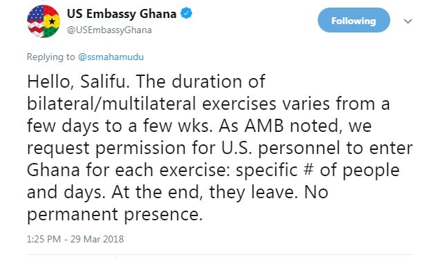 Ghanaians quiz US Embassy on Twitter over ‘military base’ deal