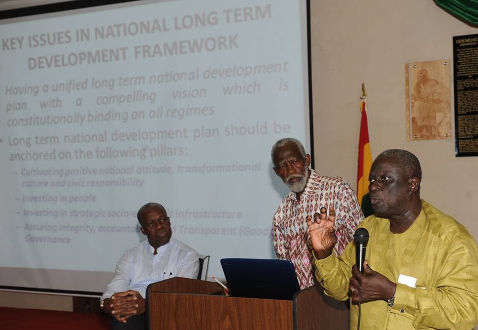 PV Obeng (extreme right) addressing participants at the recently held National Economic Forum. With him are Vice President PK Amissah-Arthur (L) and Prof Stephen Adei (middle)