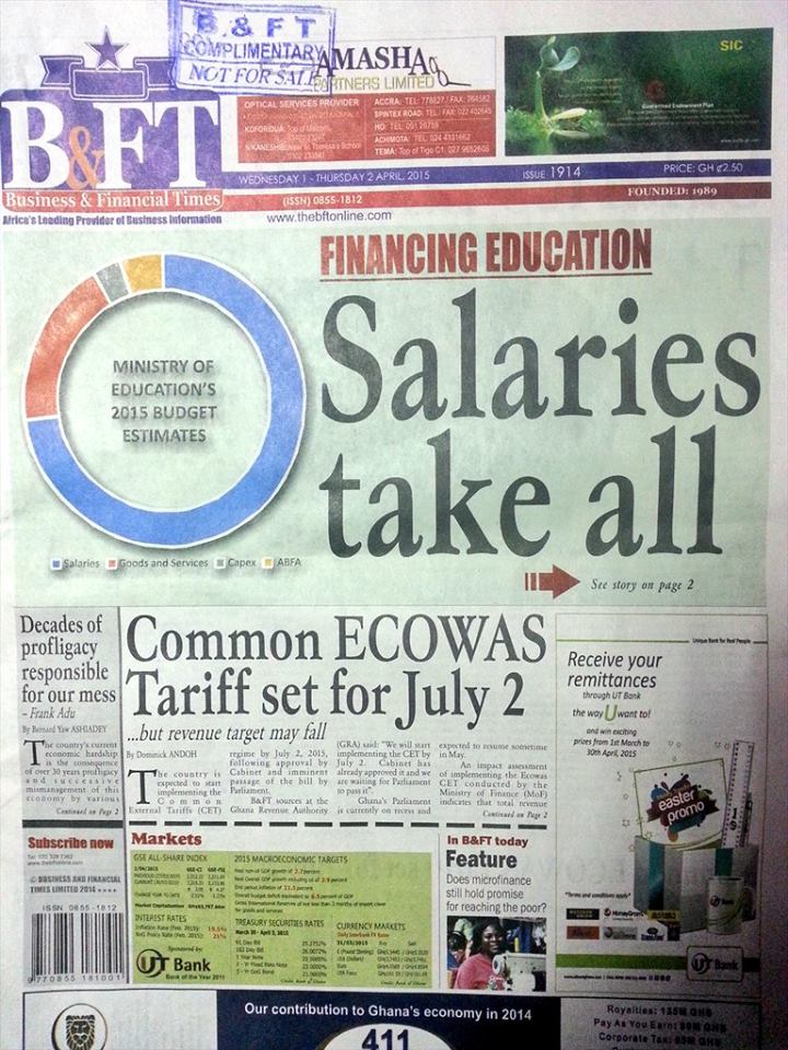 Newspaper headlines, Wednesday, 1st April, 2015