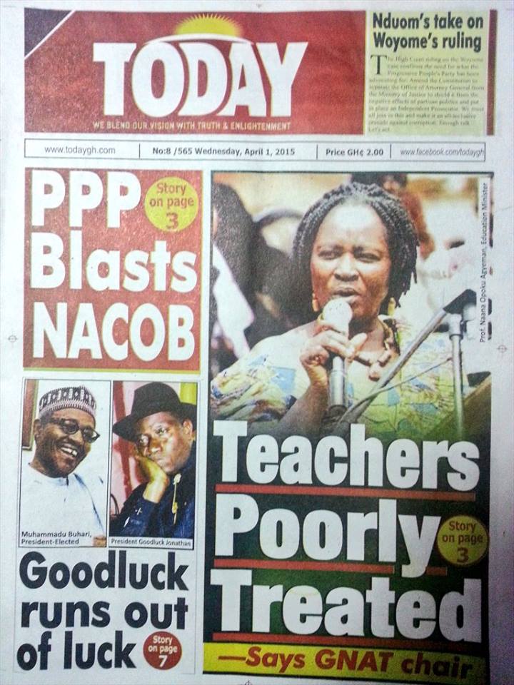 Newspaper headlines, Wednesday, 1st April, 2015