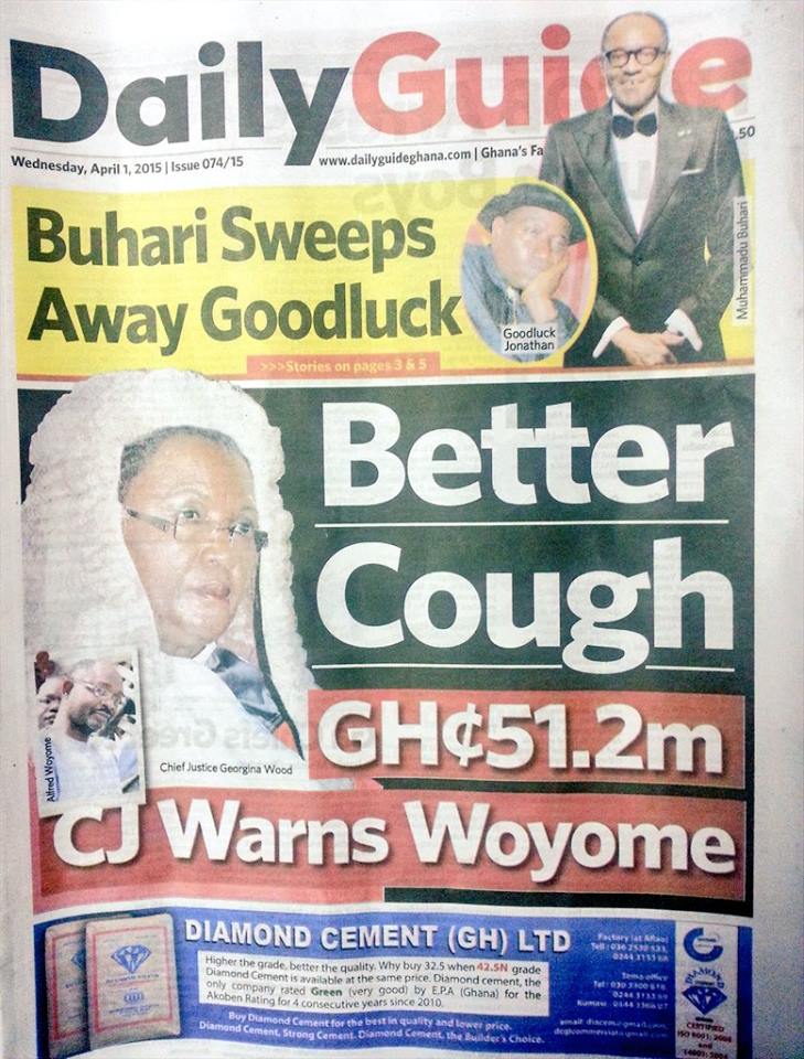 Newspaper headlines, Wednesday, 1st April, 2015