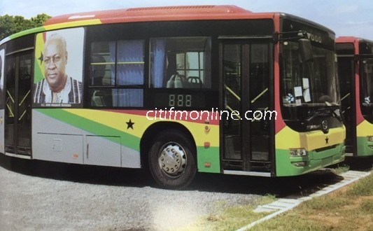 The buses are embossed with pictures of Ghana's incumbent President and Ex Presidents both alive and dead.