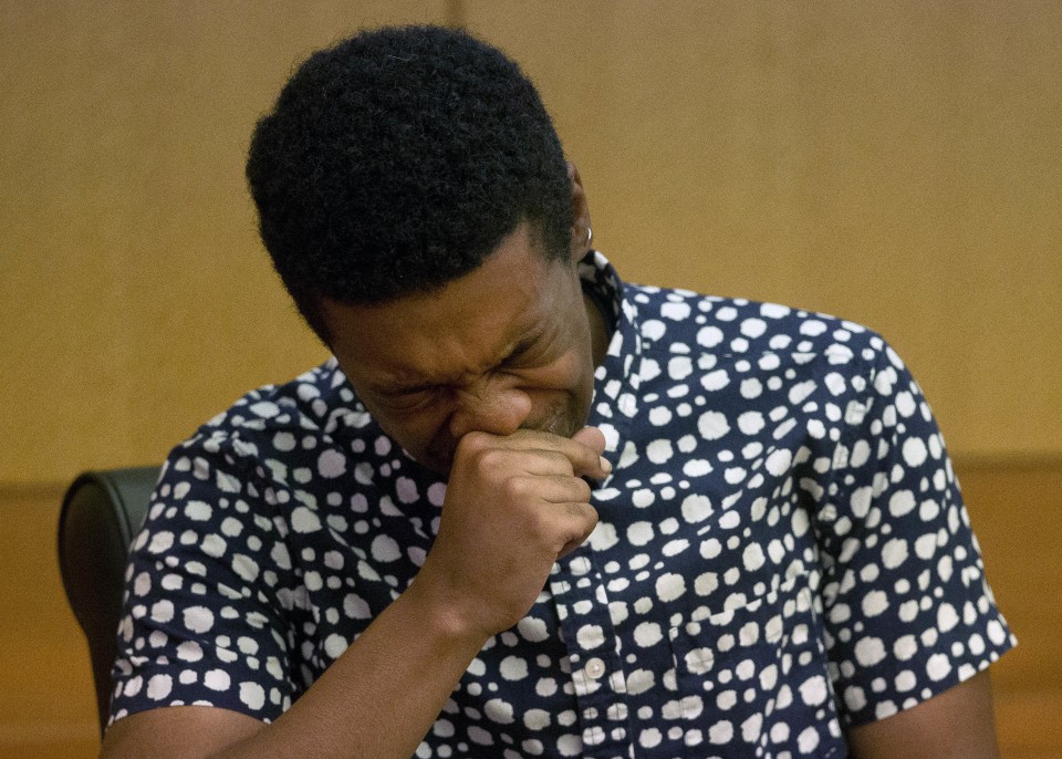 Marquez Tolbert cries as he testifies in the trial of Martin Blackwell on Tuesday in Atlanta. (John Bazemore/AP).