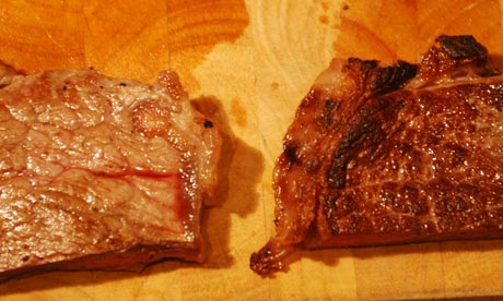 Image highlighting the differences between an unseared (right) and seared (left) steak..